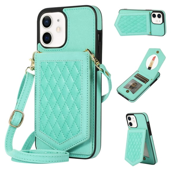 Allytech for iPhone 12/iPhone 12 Pro Case, Crossbody Wallet Case PU Leather with RFID Blocking Card Holder Kickstand Magnetic Closure Inner Mirror Case for iPhone 12/12 Pro 6.1" 2020, Green