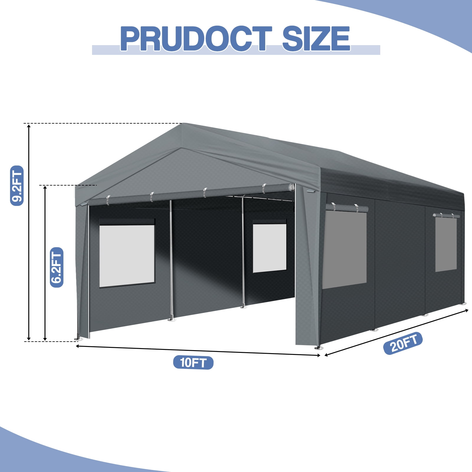 10x20FT Grey Carport Canopy - Heavy-Duty Steel Frame & UV-Resistant PE Cover for Driveways, Gardens, Outdoor Events, Vehicle Protection