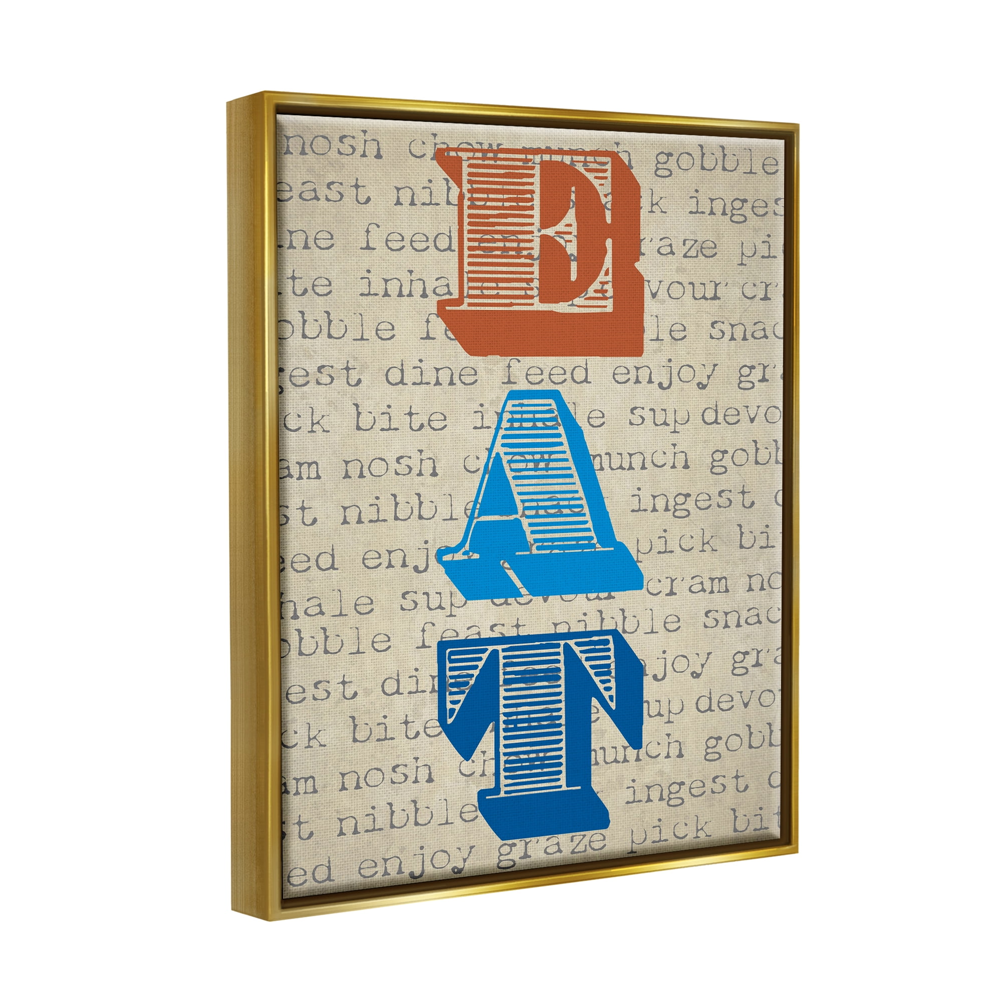 Stupell Industries Eat Vintage Striped Stamp Lettering Kitchen Sign Graphic Art Metallic Gold Floating Framed Canvas Print Wall Art, Design by Graffitee Studios