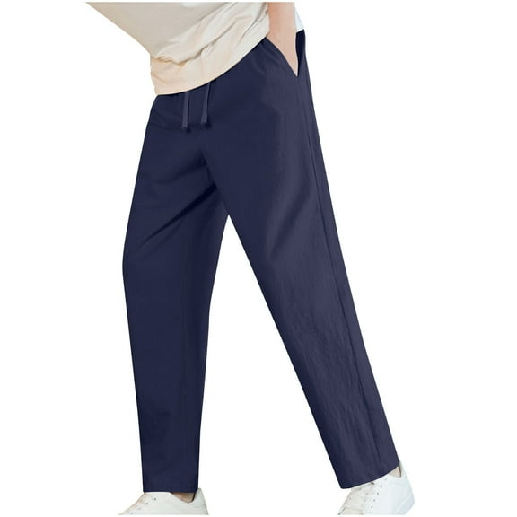 Aofany Men Pants Men's Cotton Linen Pants Summer Thin Style Casual Straight Leg Tie String Drawstring Long Pants with Pockets