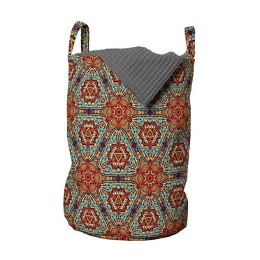 Oriental Laundry Bag, Doodle Style Floral Arrangement with Prehistoric Composition Mosaic Design, Hamper Basket with Handles Drawstring Closure for Laundromats, 13" x 19", Multicolor, by Ambesonne