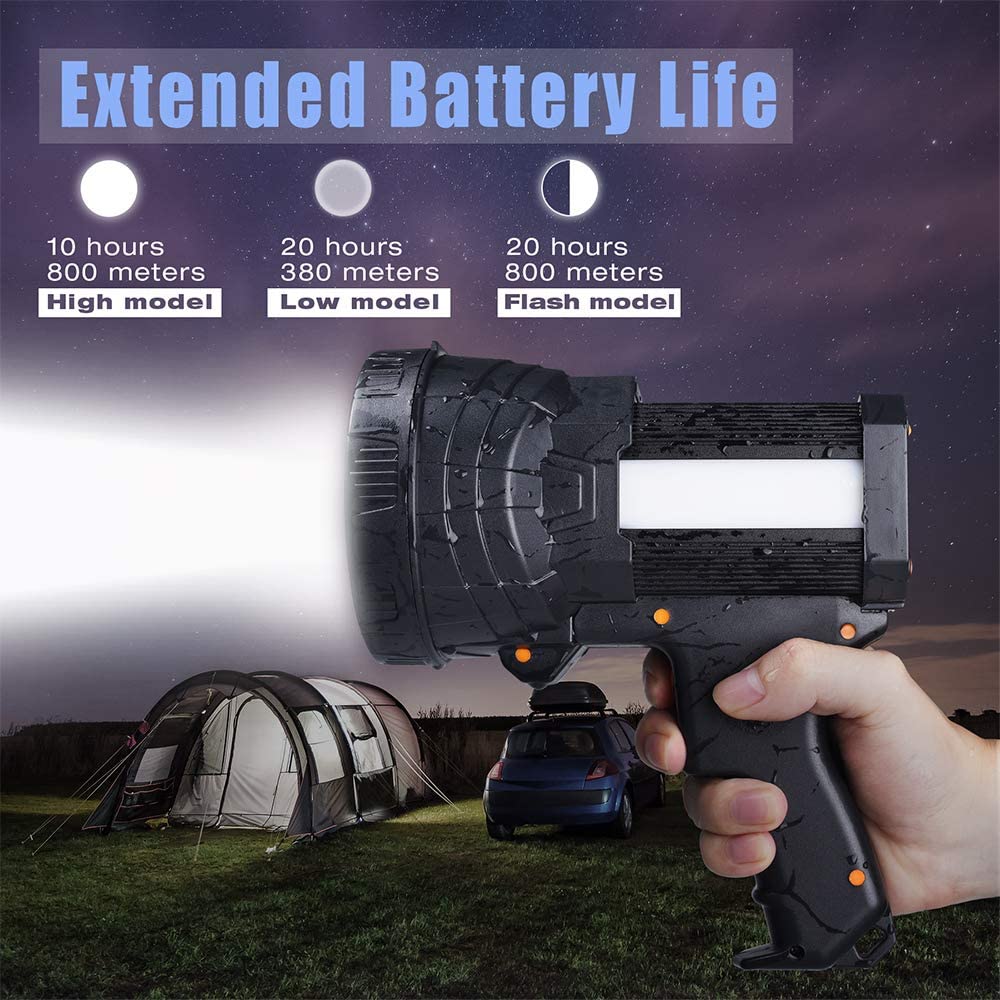 Rechargeable Spotlight, Super Bright 1000,000 LM LED Flashlight Handheld Spotlight 10000mAh Long Lasting Large Flashlight Searchlight and Flood Camping Flashlight with Foldable Tripod Black