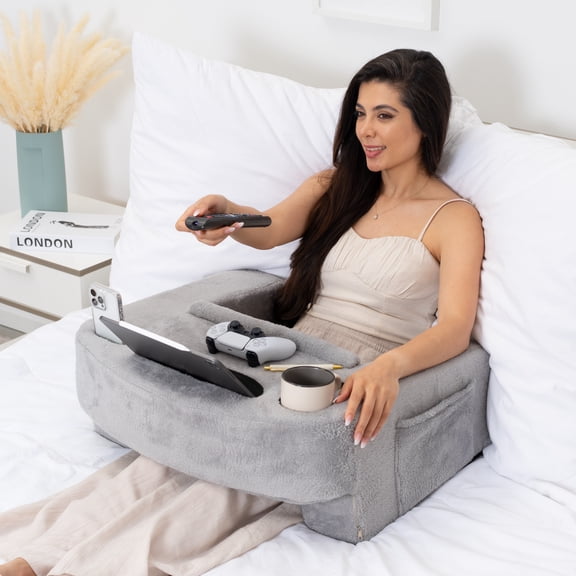 Reading Pillow for Gaming – XL Lap Desk, Cup & Phone Holder & Pockets | 27in wide x 22in tall | Pockets for controllers & cables | Armrests | Adjustable height | Gaming, work & reading