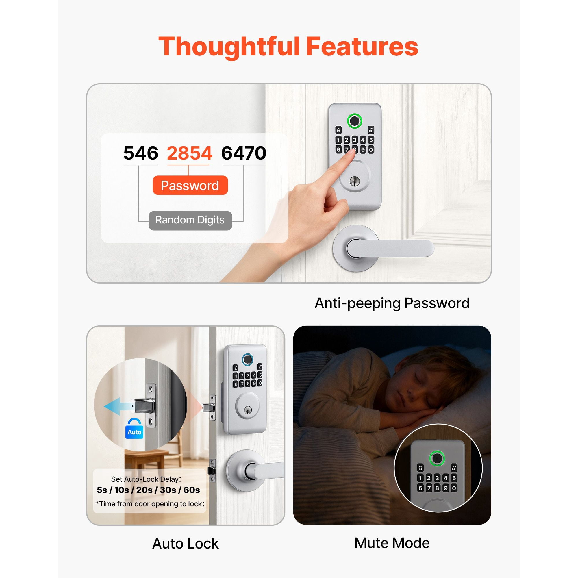 Fingerprint Door Lock Set with Handles 50 Fingerprints 100 User Codes Auto Lock Anti-Peeping for Home Silver