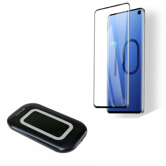 Galaxy S10  Fast Wireless Charger w Tempered Glass Screen Protector - 7.5W and 10W Charging Pad Slim, [Fingerprint Works] 3D Curved Edge Full Cover for Samsung Galaxy S10