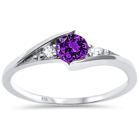 Amethyst Stone Silver Ring - Synthetic Amethyst CZ Three Stone Wavy Ring Sterling Silver Size 3
