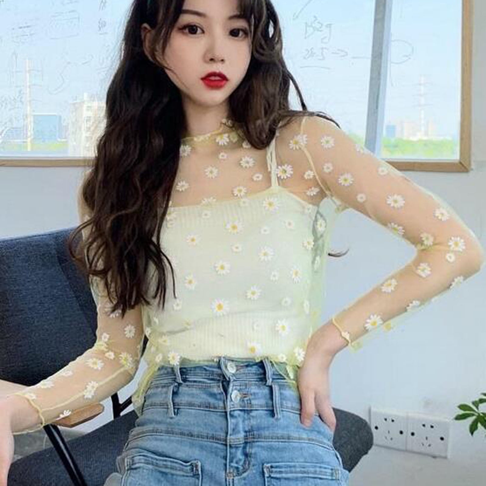 Lmtime Women Fashion Pullover Ladies O-Neck Full Sleeve Candy Color Blouse Casual Lace Patchwork Tops 