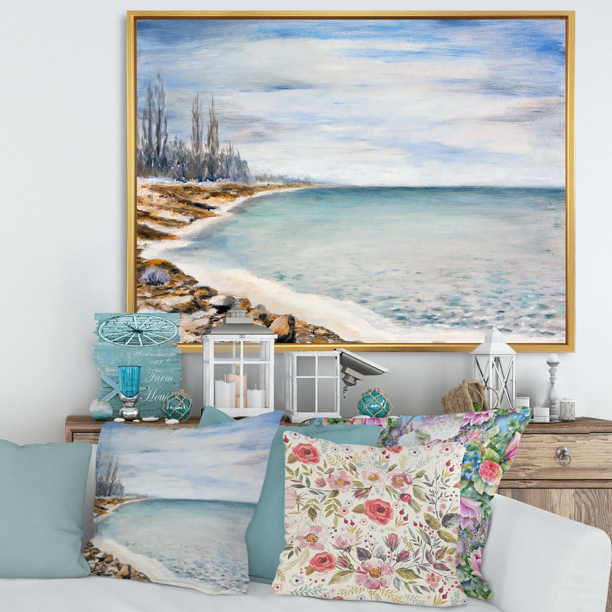 Designart 'Beach Is Covered With Ice' Nautical & Coastal Framed Canvas Wall Art Print