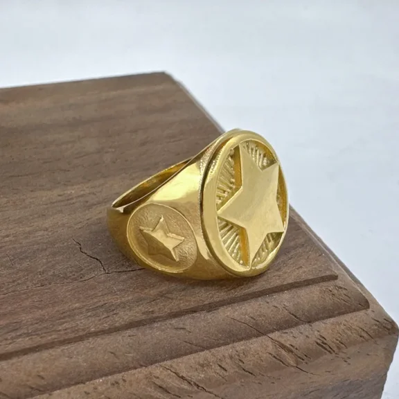 Personalized Five Pointed Star Ring 14K Yellow Gold Jewelry Biker Punk Men Ring