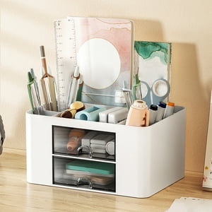 pstuiky Desk Organizer with 2 Drawers & 5 Compartments White Plastic Office Supply Caddy for Pens, Tape & Study Accessories