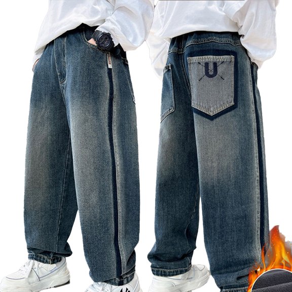 KYAIGUO Toddler Kids Boys Winter Solid Color Jeans Demin Pants Spring High Waisted Casual Fleece Baggy Sweatpants 5-15T