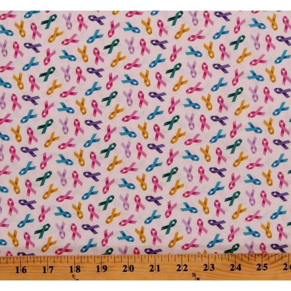 Cotton Cancer Awareness Ribbons on White Cotton Fabric Print by the Yard (407MULTI)