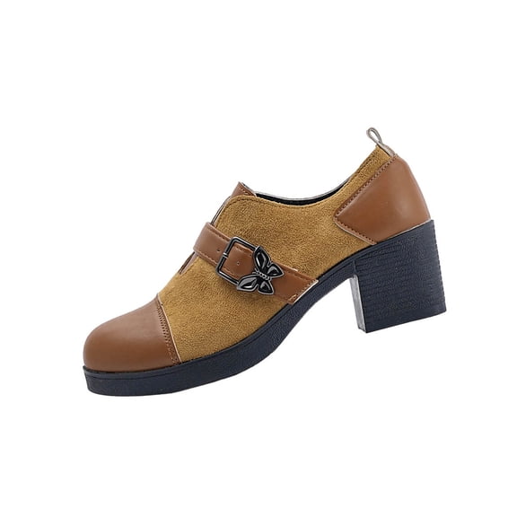 Womens Brown Chunky Heel Mary Jane Shoes - 3 Inch Block Heel Comfort Pumps, Round Toe Buckle Strap, Retro Faux Suede & Patent Vegan Faux Leather,Size 7