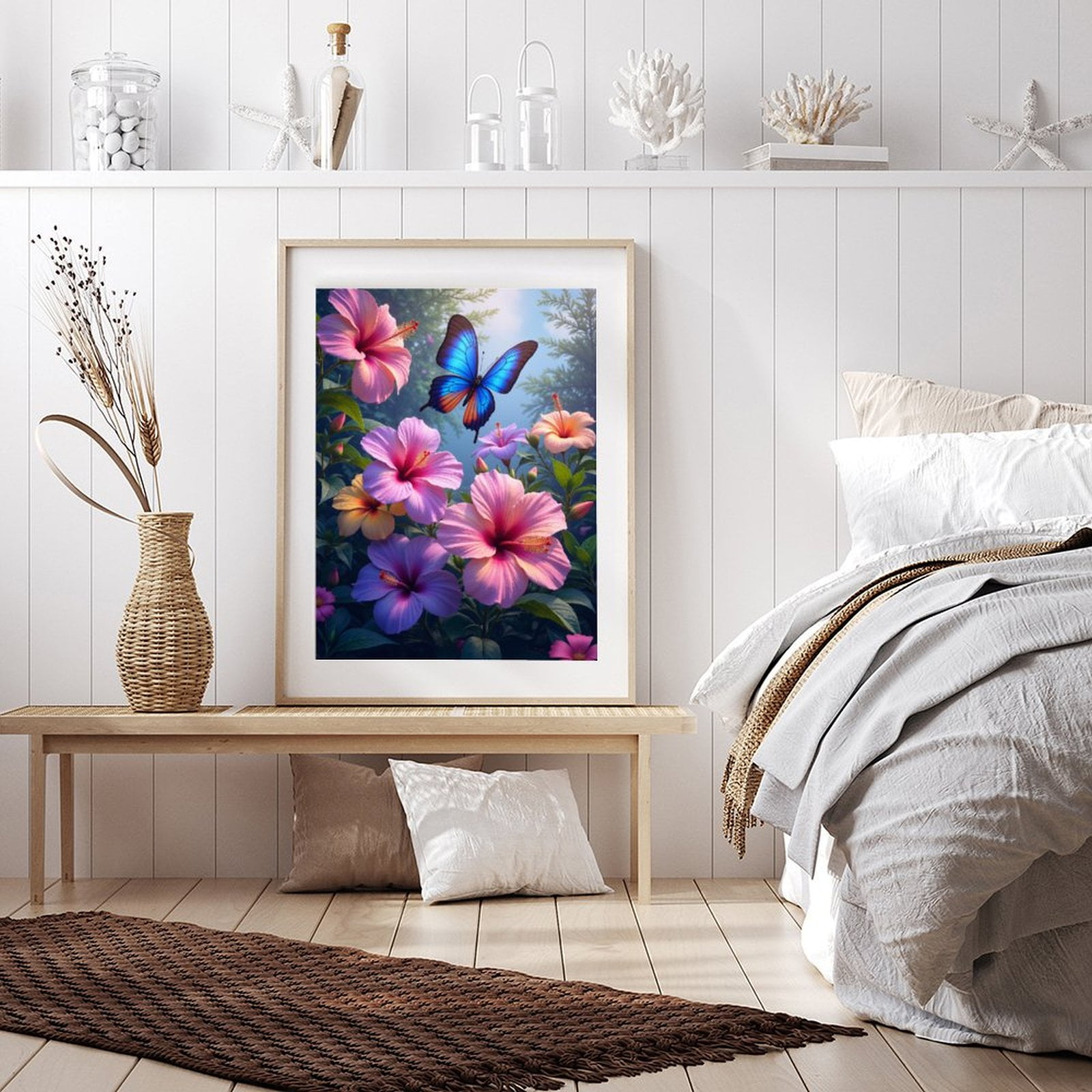 Diamond Art Kit for Adults, Blue Butterfly Pink Hibiscus Garden Diamond Painting for Adults Beginners, DIY Diamond Art Painting Kits, 5D Diamond Painting Crafts for Home Decor 12x16 Frameless