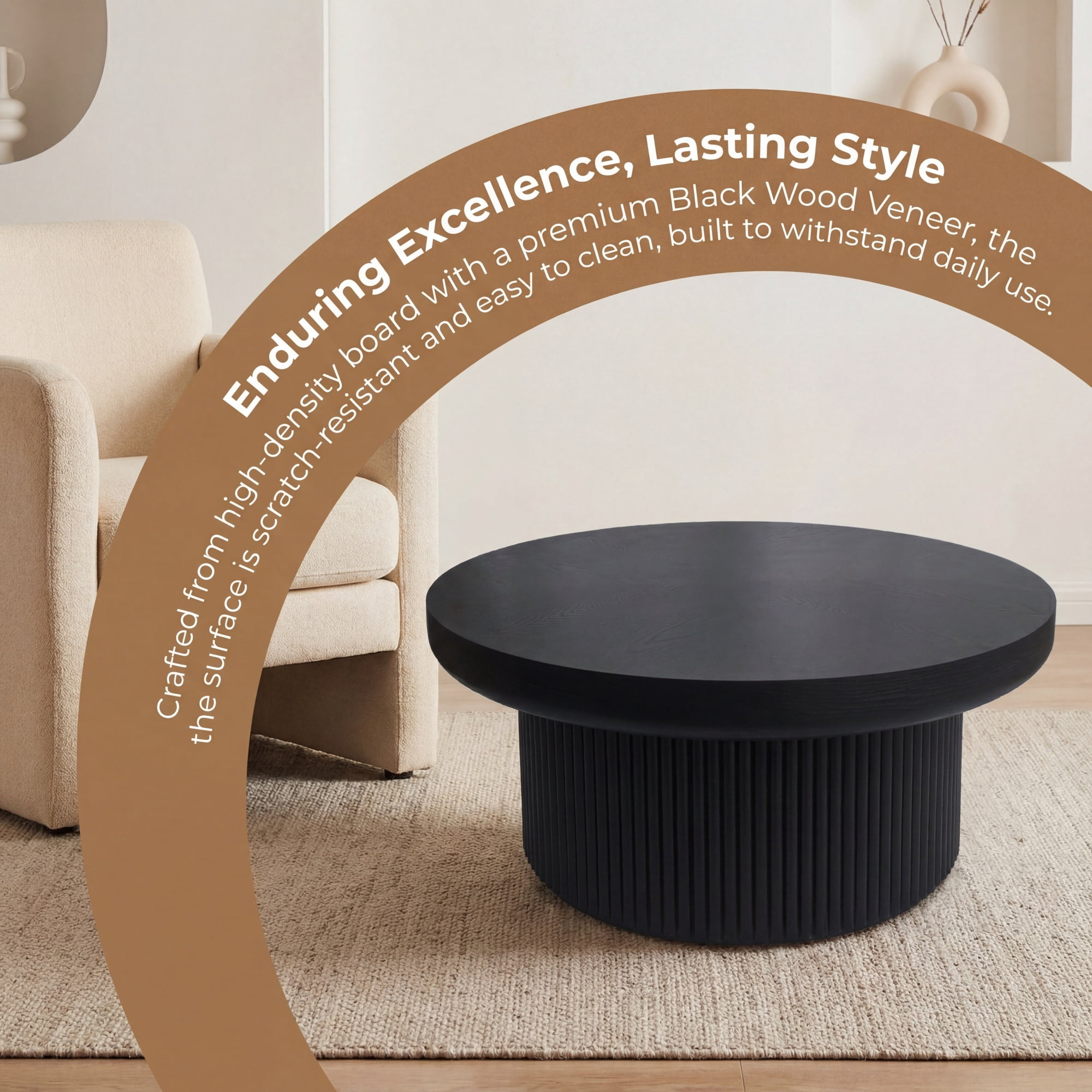33.46'' Round Coffee Table with Fluted Cylindrical Base, Ash Wood End Table with Thickened Tabletop, Modern Cocktail Table