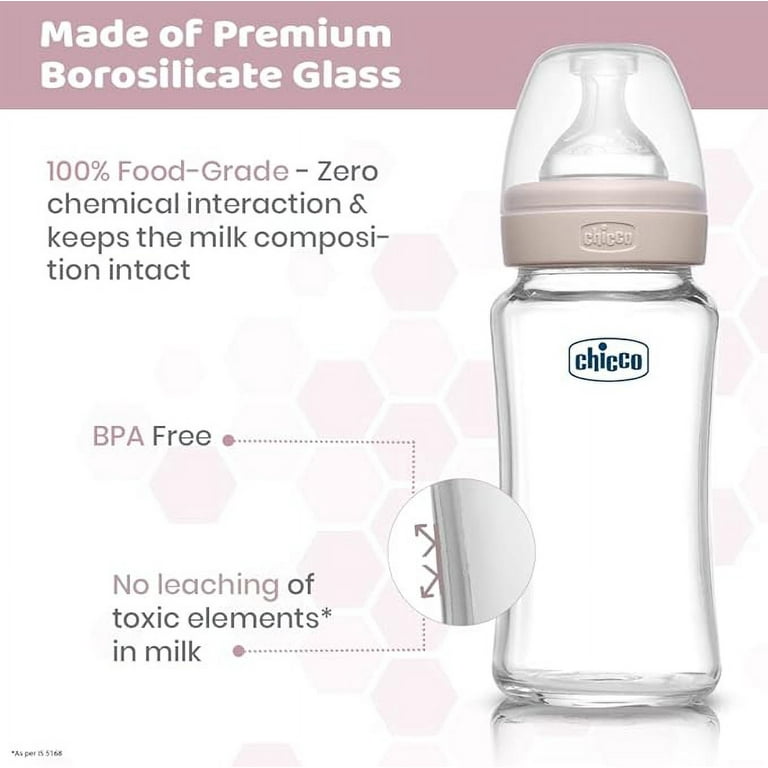 Chicco Well-Being Glass Feeding Bottle (240ml, Medium Flow) (Neutral) 