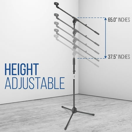 Pyle Foldable Tripod Microphone Stand - Universal Mic Mount and Height Adjustable from 37.5'' to 65.0'' Inch High w/Extending Telescoping Boom Arm Up to 28.0'' - Knob Tension Lock Mechanism PMKS3