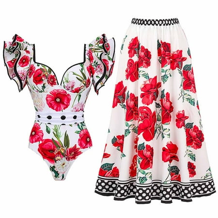 Penkiiy Women s One Piece Swimsuit with Cover up Wrap Skirt Floral Sarong Tummy Control Beach Bikini Set Bathing Suit S Red