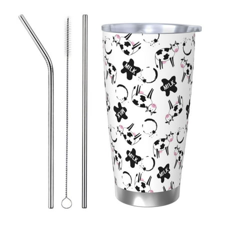 

Zeuib Cute Cow and Milk Stains Printed 20oz Stainless Steel Insulated Car Cup Stainless Steel Thermal Cup Vacuum Insulated Leak-proof Travel Mug Cup-Straw Three-piece Set