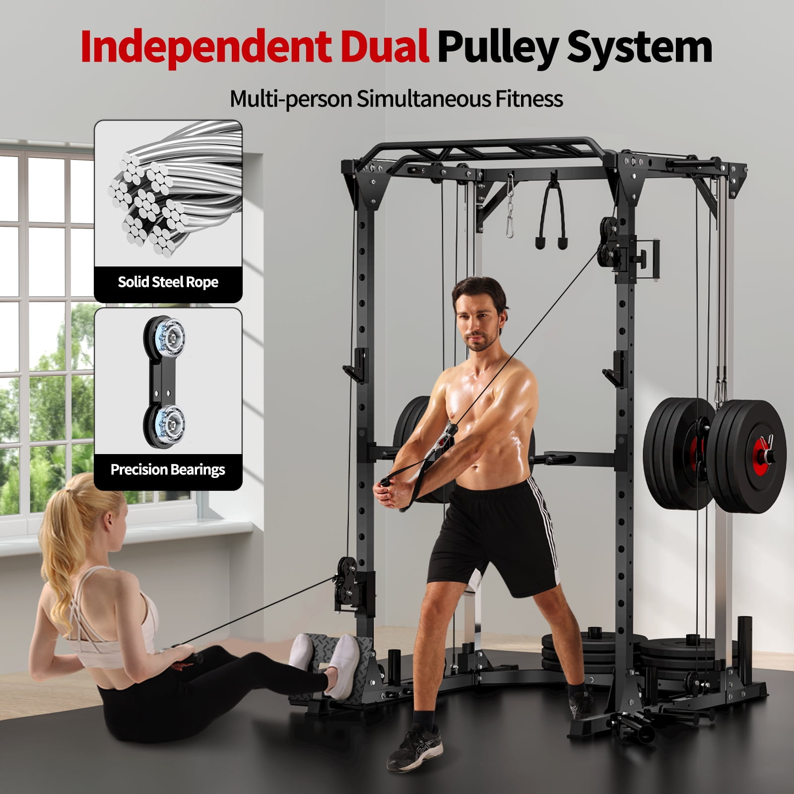 BOGYKIK 2000 lbs Heavy Duty Power Rack with Cable Crossover, Multi-Functional Squat Stand with LAT Pulldown Seat & 25 Attachments, All-in-One Home Gym Smith Machine for Garage Workout