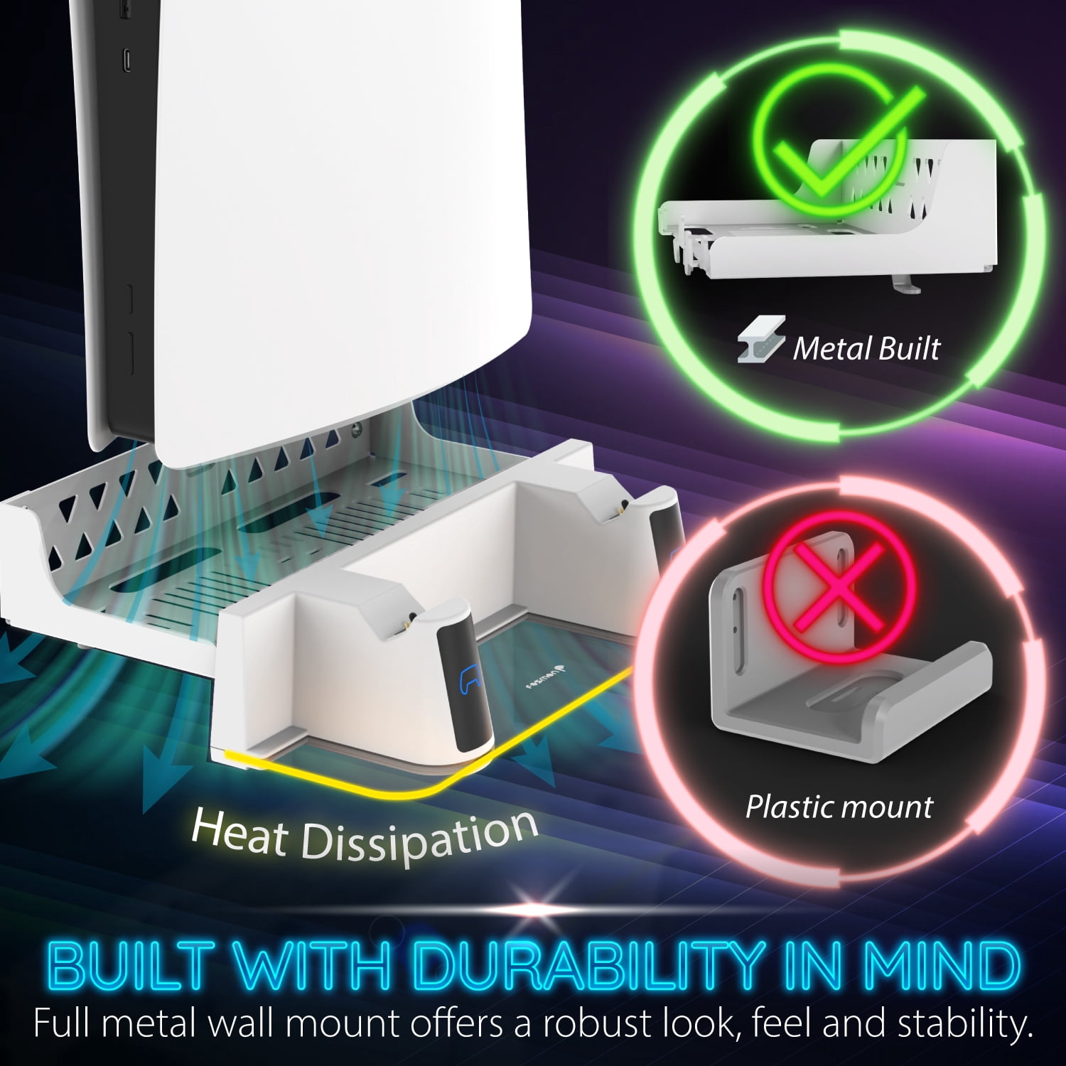 Fosmon PS5 Wall Mount Kit with Charging Station, Solid Metal with Strong Anchors, Detachable Dual Controller Chargers with RGB LED Light for PlayStation 5 and PS5 Slim (Disc & Digital Edition), White