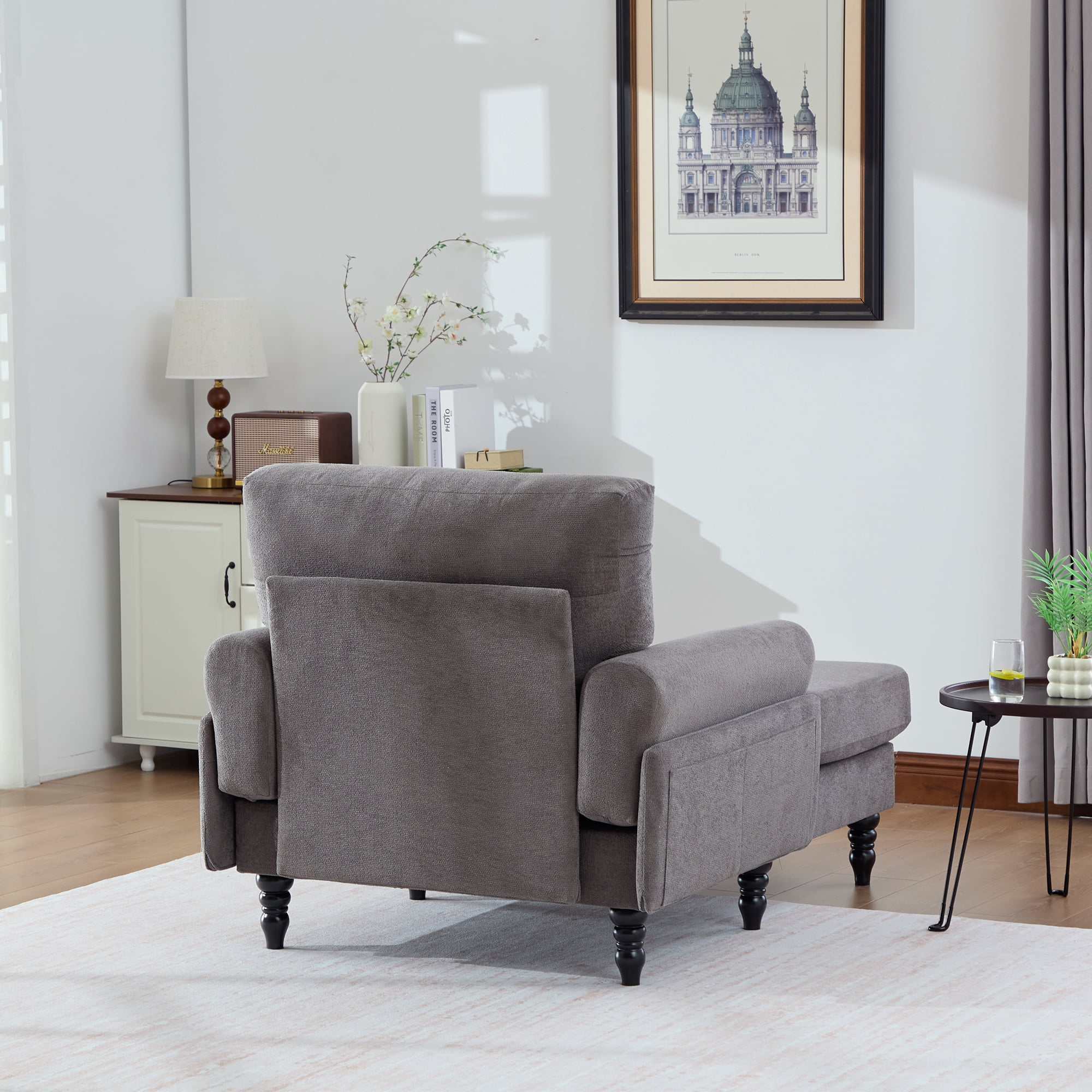 Leumius Chaise Lounge Indoor,Plush Chenille Upholstered Single Sofa Bed with Wooden Sofa Legs and Armrests,Armchairs Reading Chairs for Living Room,Dark Gray