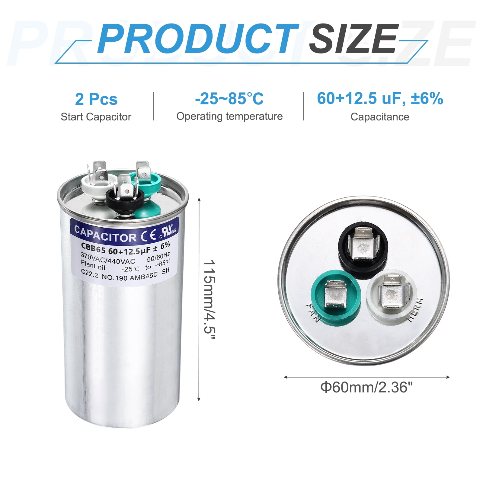 Uxcell 2Pcs 60+12.5MFD CBB65 Run Start Capacitor 60+12.5uF, 370/440V Round AC Capacitor for AC Motor Run, HVAC, Air Conditioner, Condenser Motors