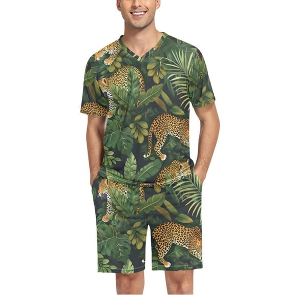 joogoo Men's Pajama Set Leopards in Tropical V-Neck Pj Shorts Set 2 Piece Loungewear Sleepwear L