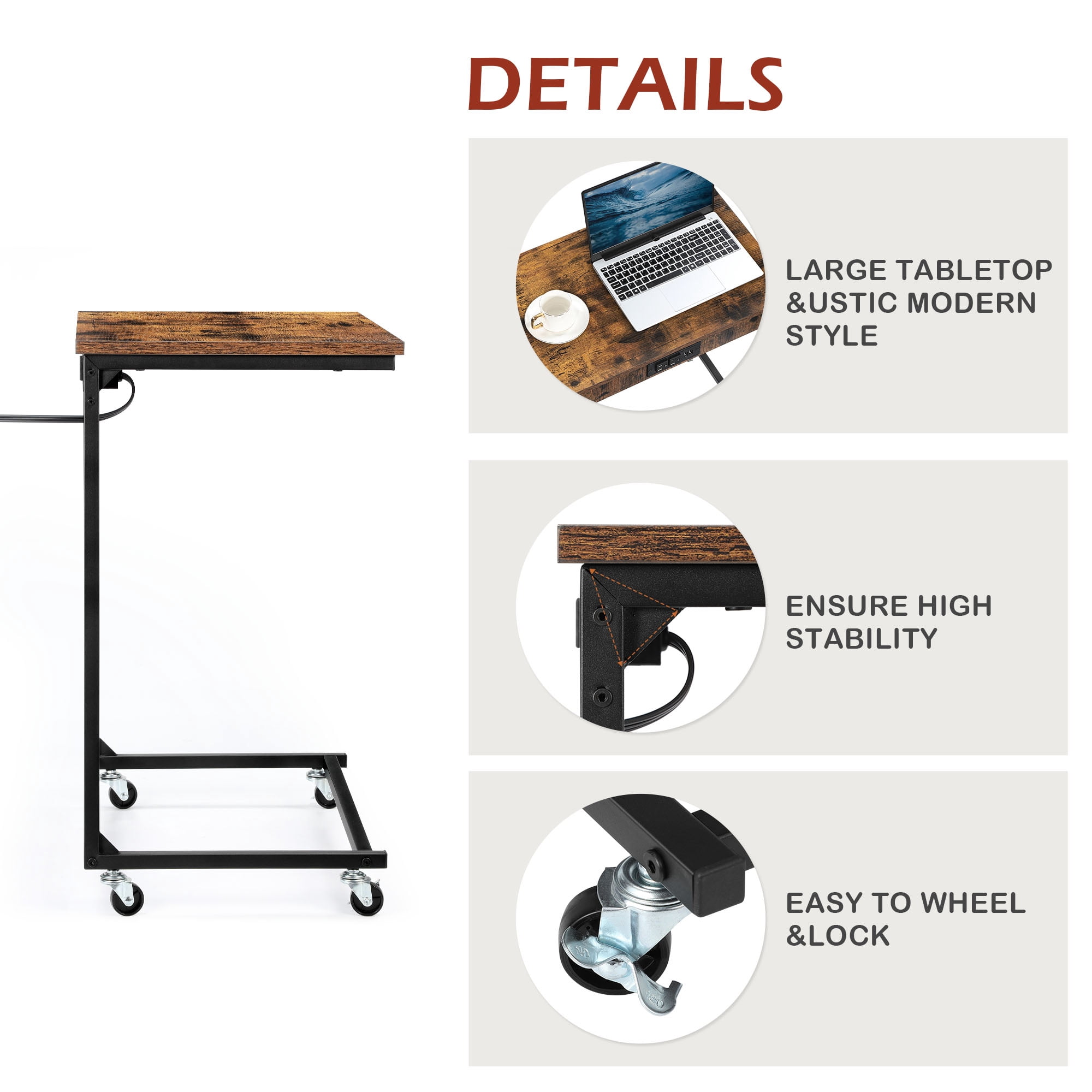 Rolling C‑Shaped Side Table with Charging Station, Mobile Sofa End Table with Lockable Wheels, 2 Pack