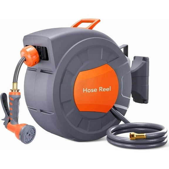 Towallmark Retractable Garden Hose Reel, Expandable Water Hose, 1/2 In x 100 Ft with 9-Function Nozzle, Auto Rewind, 180° Swivel Mount & Adjustable Length Lock