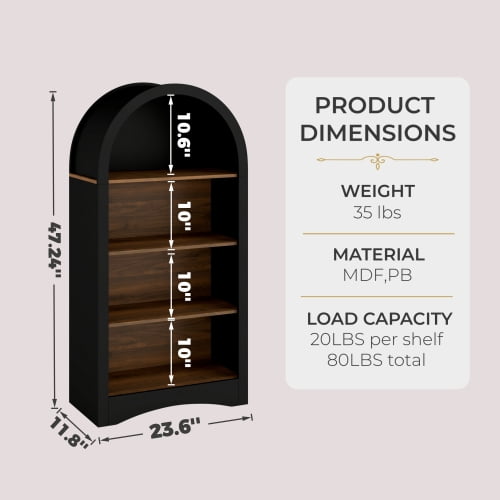 47-Inch Black Arched Accent Bookcase, Freestanding 4-Tier Open Display Rack with Woodgrain Shelves, Multifunctional Storage Cabinet for Small Spaces, Living Room, Bedroom, Entryway