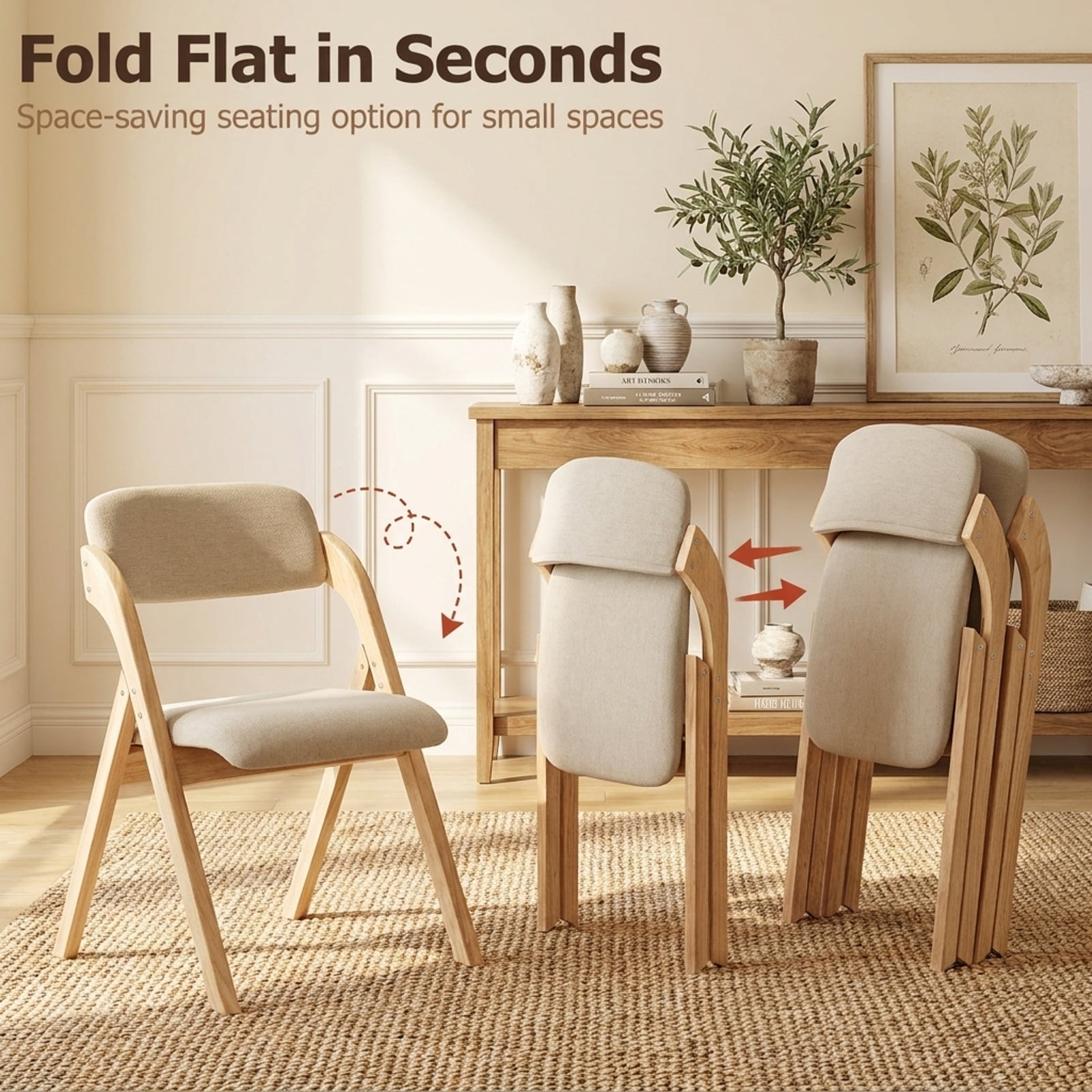 Furnibear Folding Dining Chairs Set of 2 with Cushion for Kitchen Dining Room Living Room Home, Beige