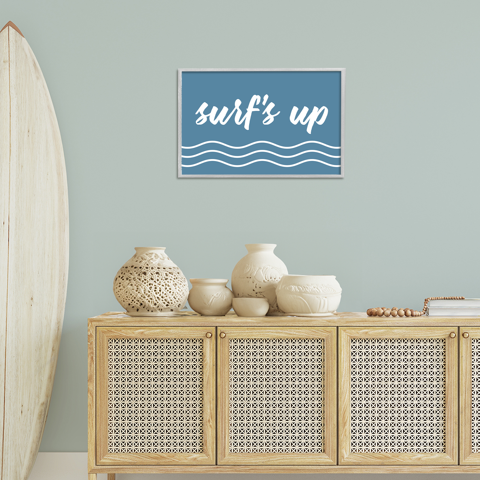 Stupell Industries Blue Surf's Up Typography Painting Gray Framed Art Print Wall Art, 24 x 16