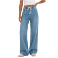 thumbnail image 3 of Dzrciro Denim Pants for Women, Drawstring High Waist Straight Leg Jeans with Side Pockets, Casual Daily Office Working Long Pants S-2XL, 3 of 8