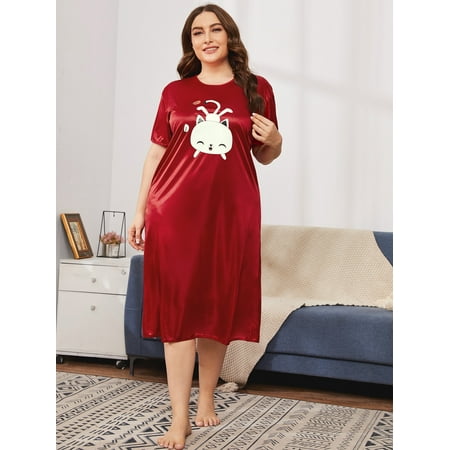 

Burgundy Elegant Women s Plus Cartoon Graphic Satin Night Dress 1XL(14) Y22001D