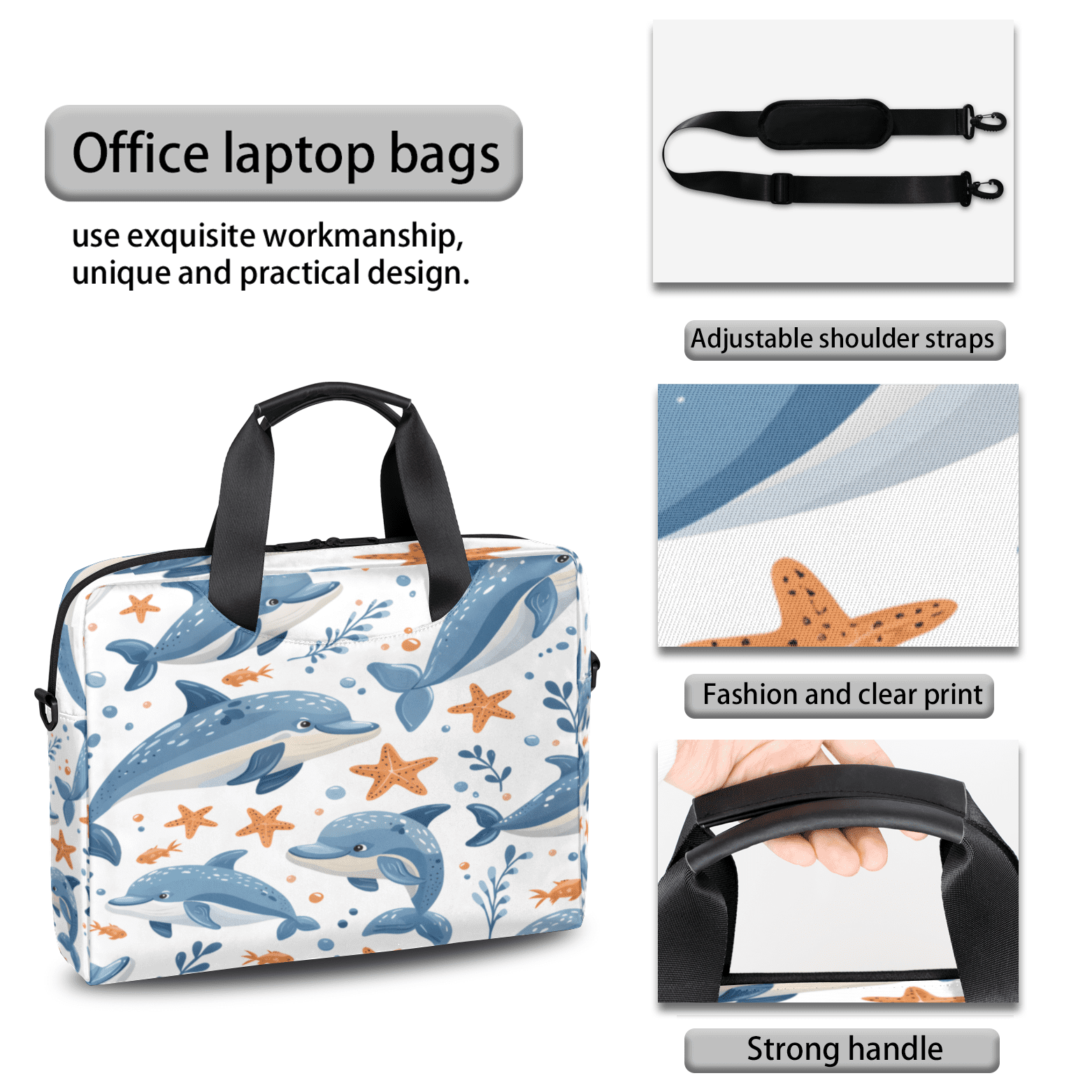 Herdesigns Dolphin Laptop Bag for Women Men, Computer Case Briefcase Messenger Bags, 15-15.6 inch Laptop Sleeve Shoulder Bag