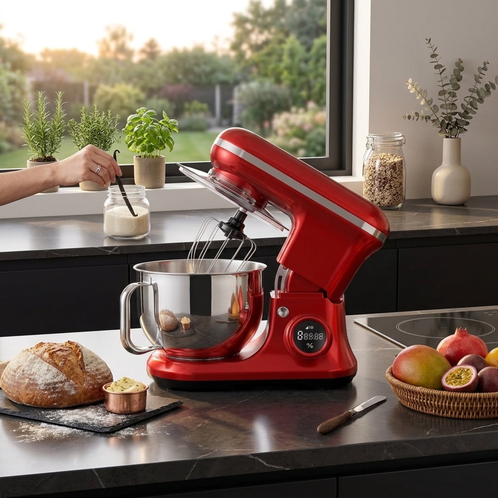 Fenbeli 5.3Qt Stand Mixer with LCD Timer Control, Powerful Electric Kitchen Mixer with Dough Hook, Wire Whisk and Flat Beater, Red