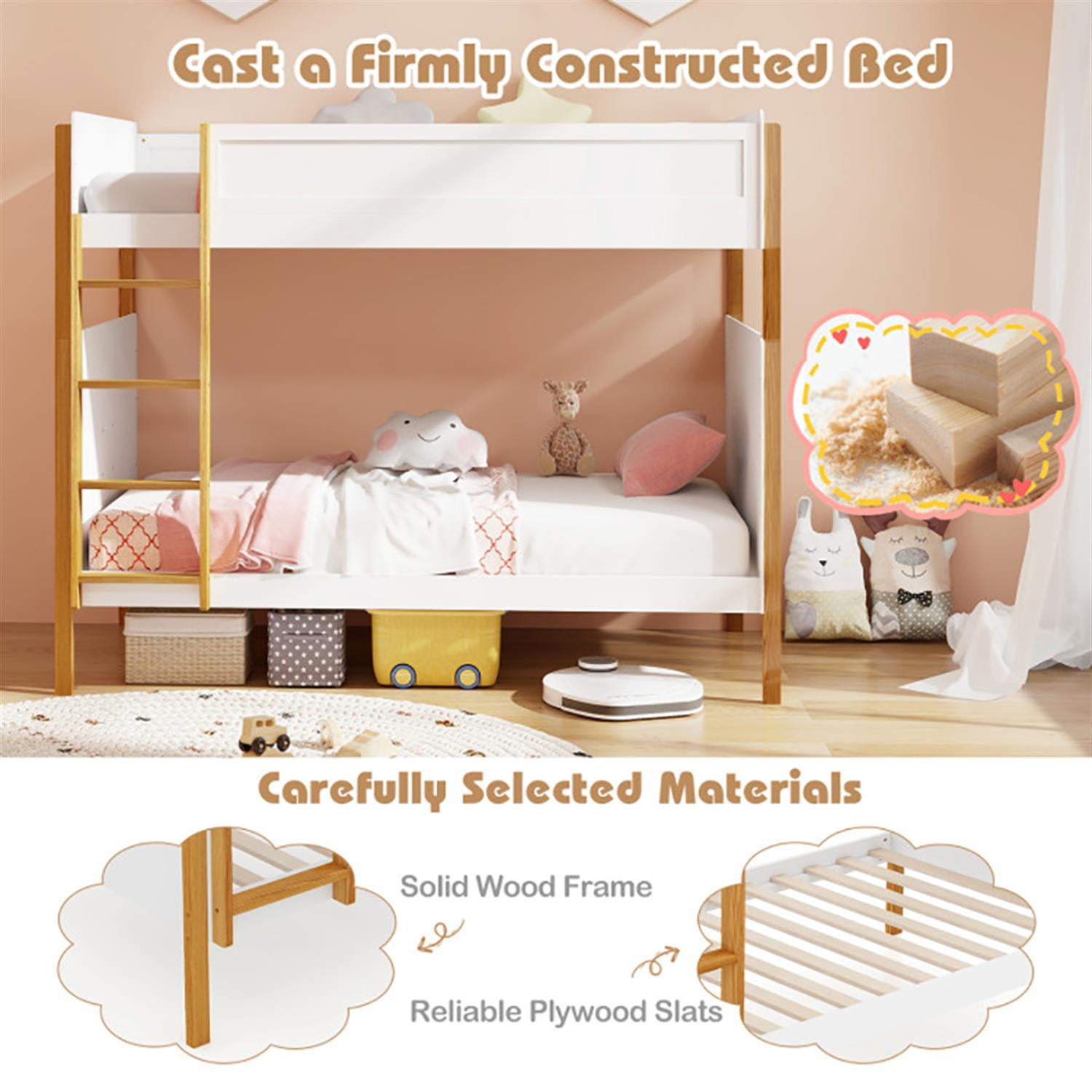 Demi Bonn Twin Over Twin Bunk Bed with Integrated Ladder and Safety Guardrails, Twin Bunk Beds, Space-saving Solid Wood Bed Frame, White