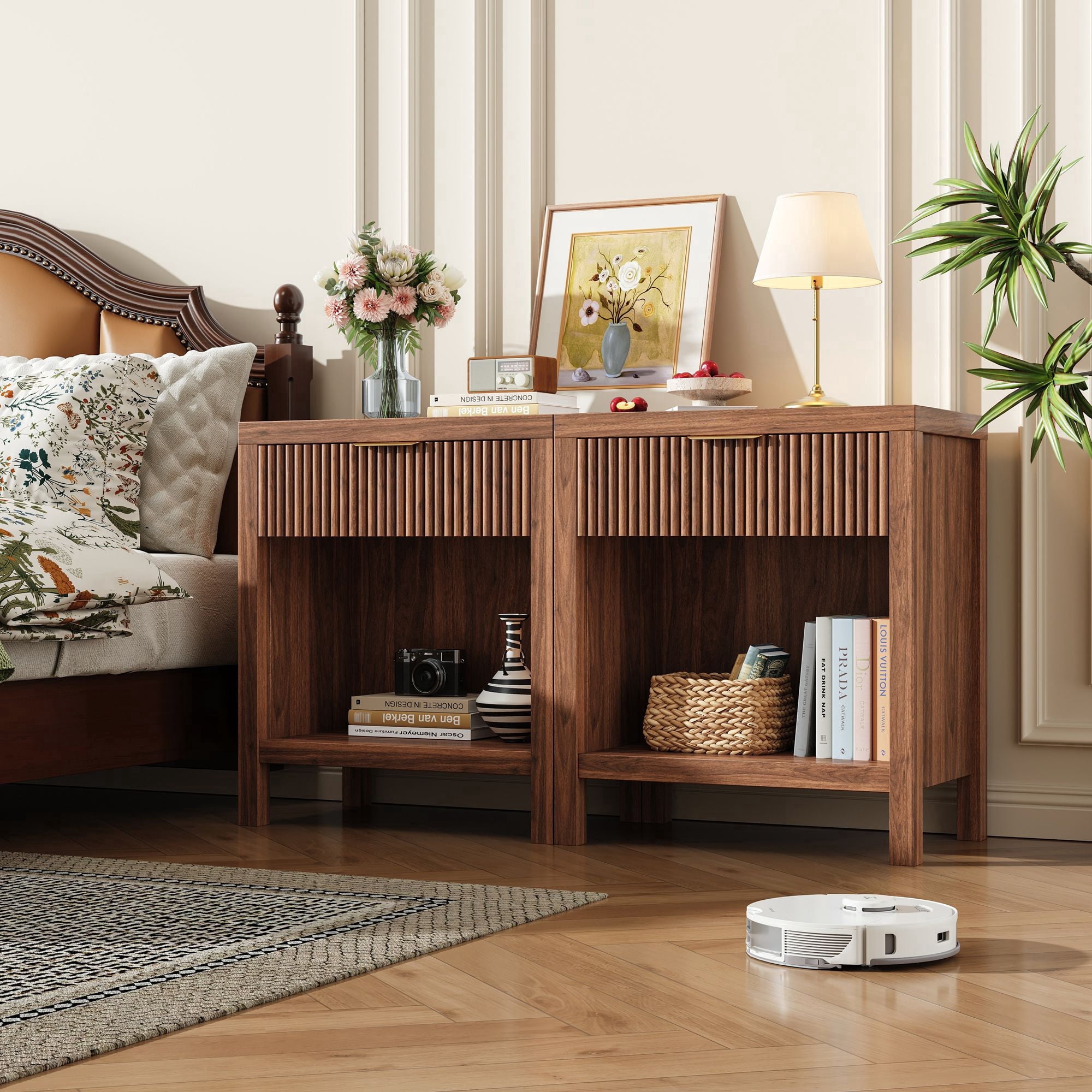LSKTGA Nightstands Set of 2 Fluted End Table with Drawer Open Shelf Nightstands for Bedroom Wood Bed Side Table for Living Room Office