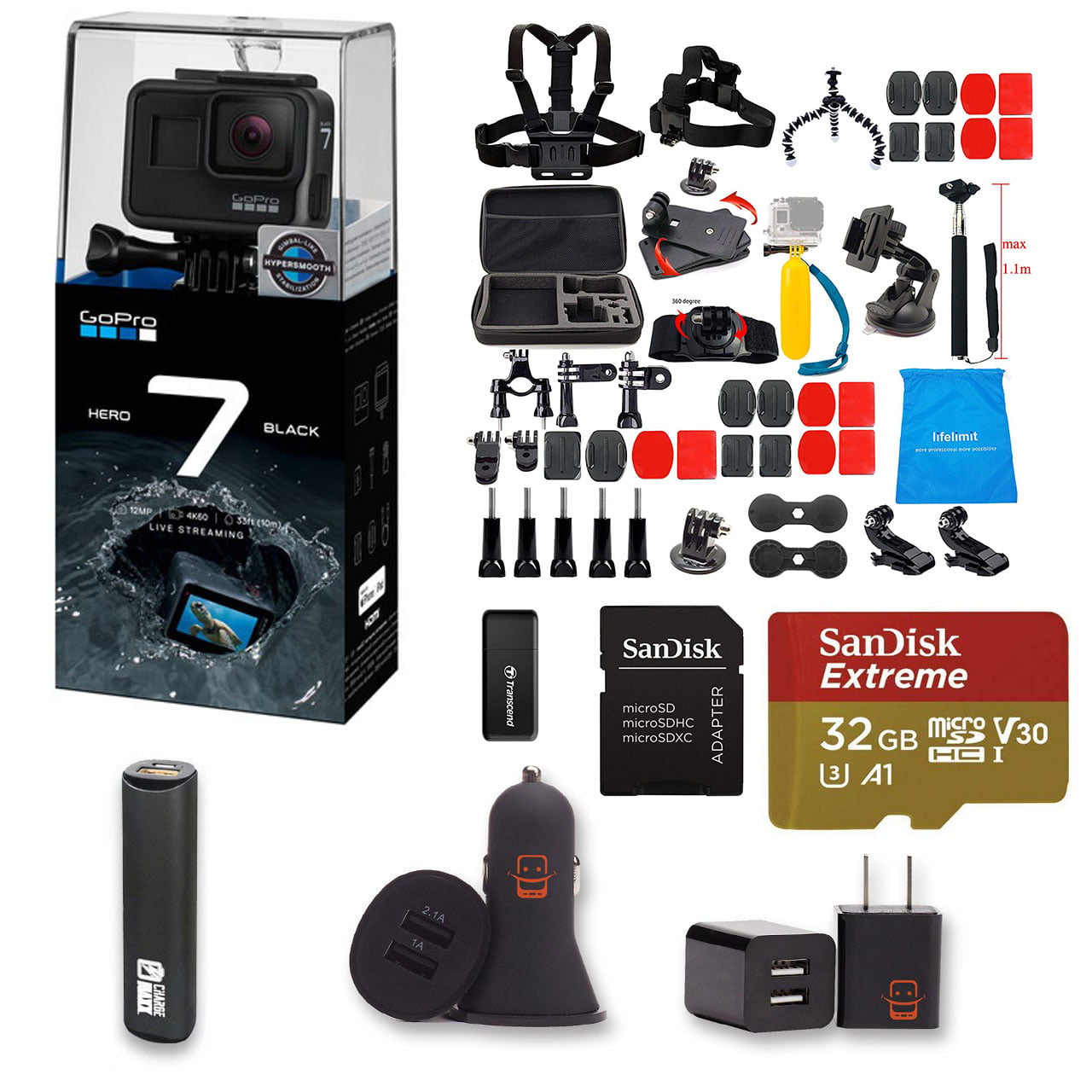 HERO 7 Black Action Camera + Accessory Kit + 32gb Extreme Micro SD + Card Reader + PowerBank + Dual USB – BrickSeek