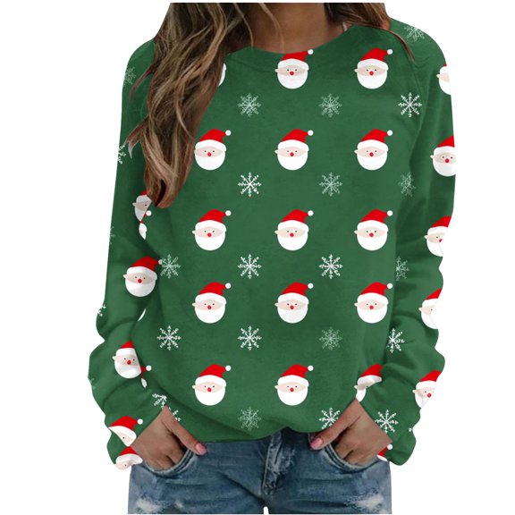 miqiqism Women Comfy Hoodless Sweatshirt Christmas Casual Tops Blouses Teen Girls Long Sleeve Classic Shirt Loose Fashion Wine Printed Pullover Shirts,Green,Medium