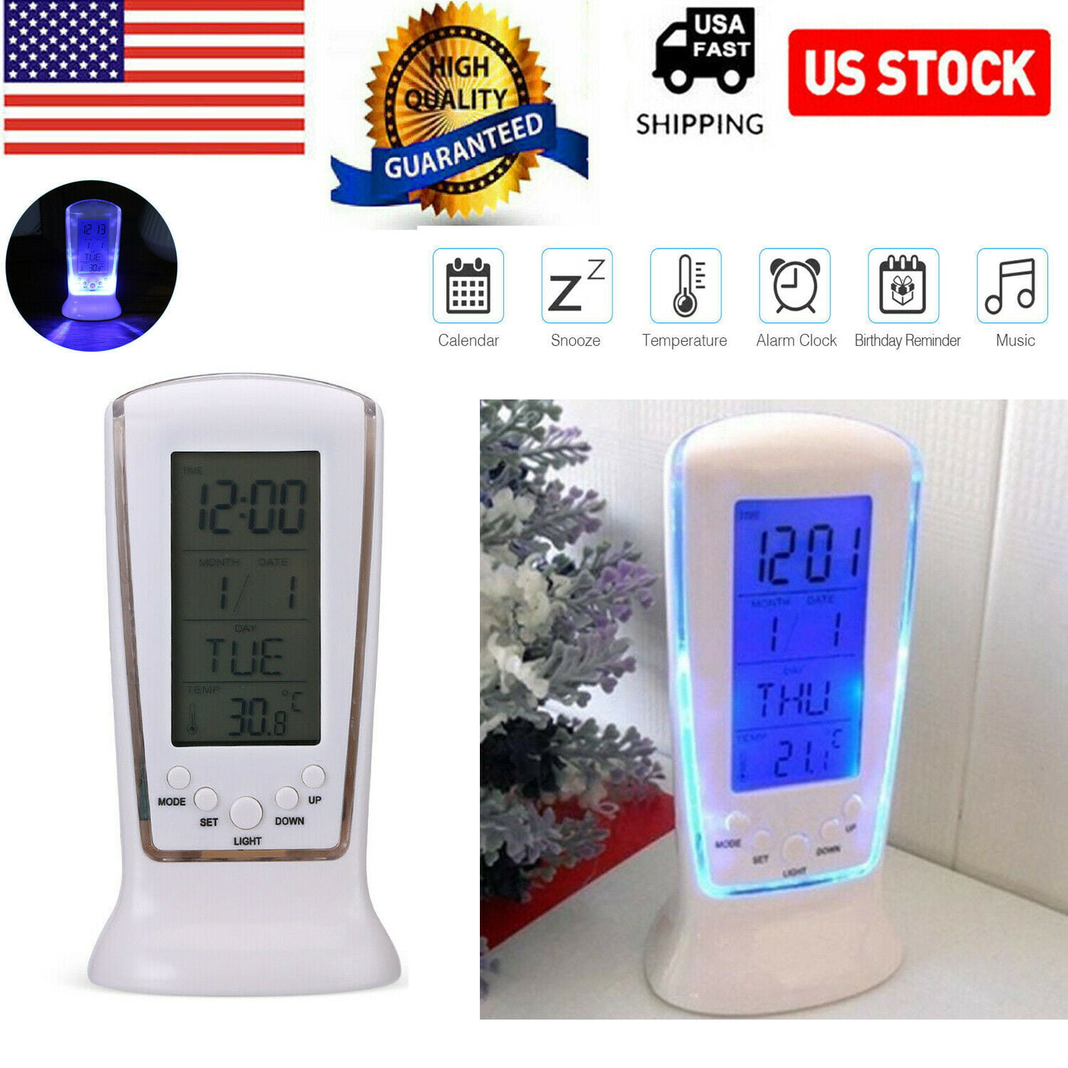 Mini Digital Backlight LED Display Table Alarm Clock Snooze Calendar Thermometer 