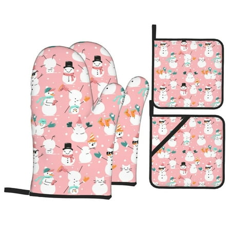 

Oven Mitts and Pot Holders Sets 4 pcs Cute Pink Snowman Cat Non-Slip Oven Gloves Potholders Soft Quilted Lining Heat Resistant Gloves Hot Pads for Kitchen Cooking Baking