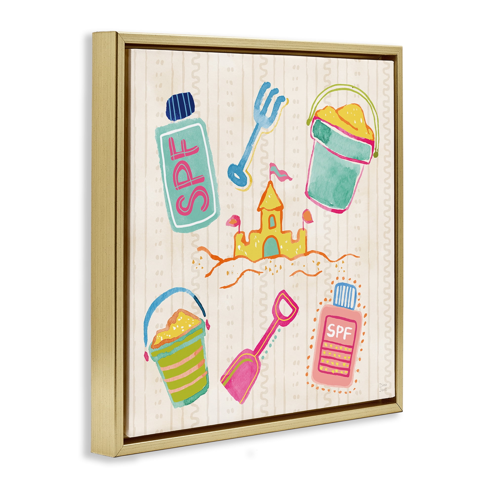 Stupell Industries Fun In The Sun Beach Pails Gold Framed Floater Canvas Wall Art, design by Dina June