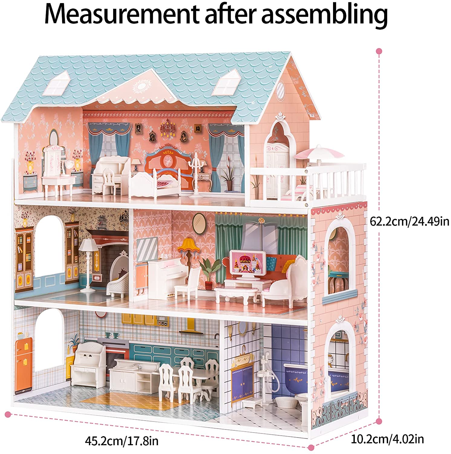 Robud Lady Wooden Dollhouse, 3 Story with Balcony photo 5