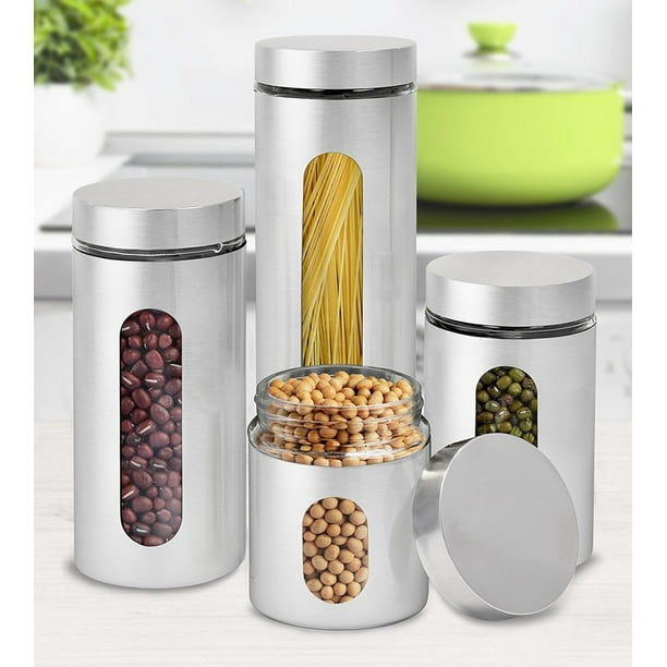 Estilo 4 Piece Brushed Stainless Steel, Airtight Glass Food Storage Containers With Stainless Steel Lid