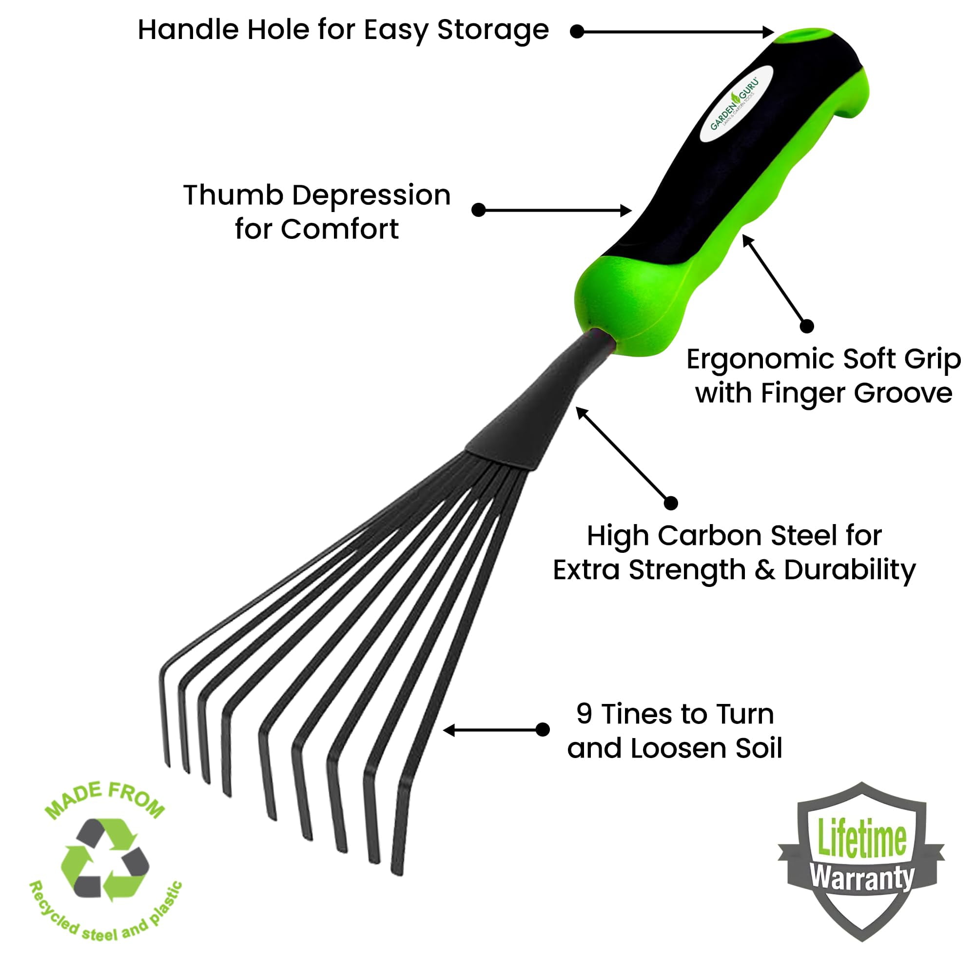 Garden Guru Hand Rake Soil Tiller Tool with Ergonomic Handle – Strong Carbon Steel - Rust Resistant – Great for Gardening, Cultivating, Loosening Soil & Spreading Mulch, Raking Flower Beds (2)