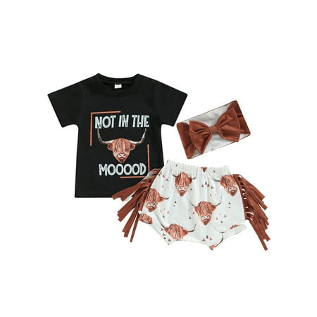 

jaweiwi Baby Girl 3Pcs Western Clothes Set 3M 6M 12M 18M 24M 3T Short Sleeve Letter T-Shirt + Tassel Shorts + Headband Outfits