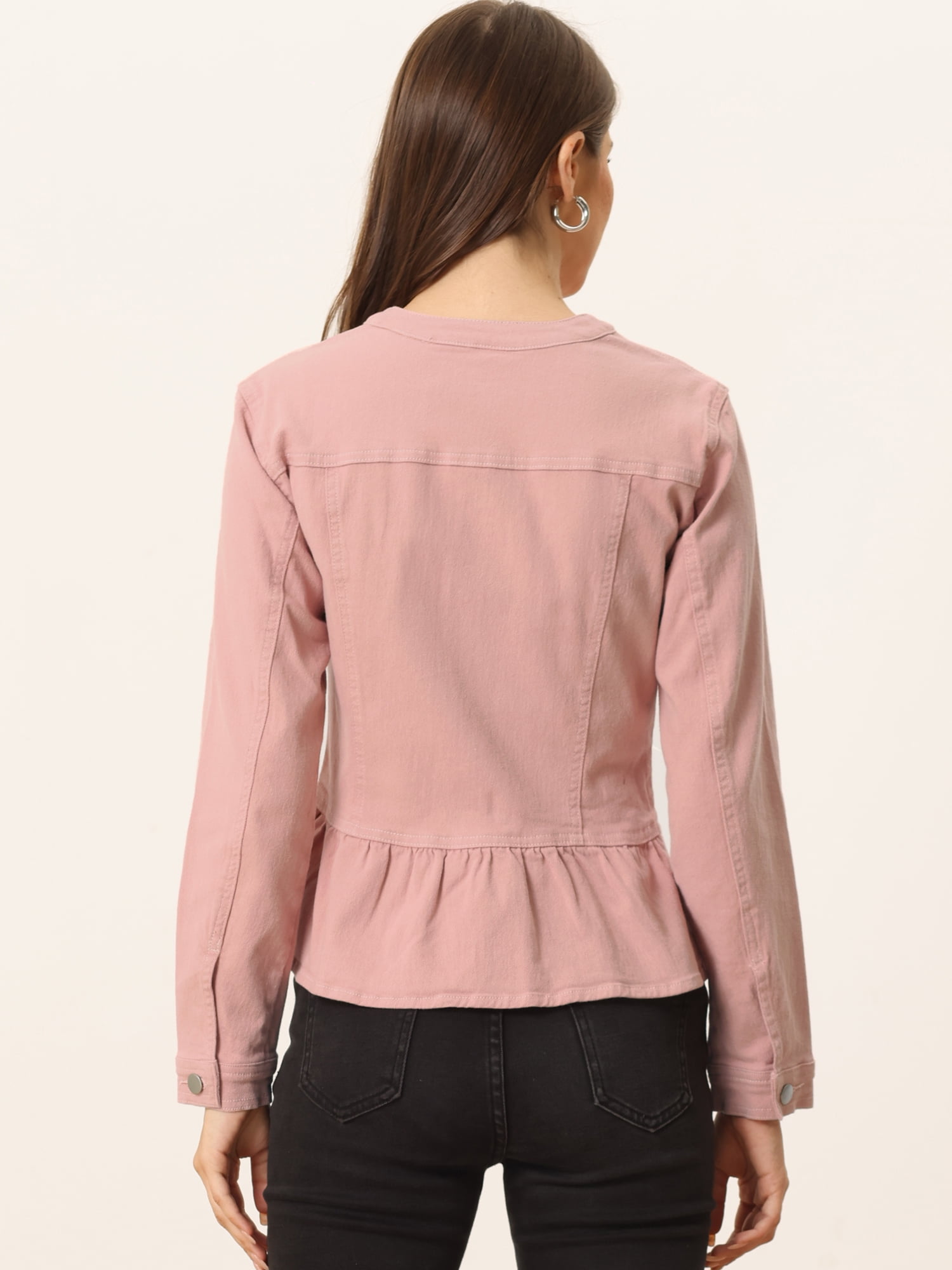 DARING DIVA Women's Button Down Cropped Ruffle Hem Denim Jacket S Dusty Pink