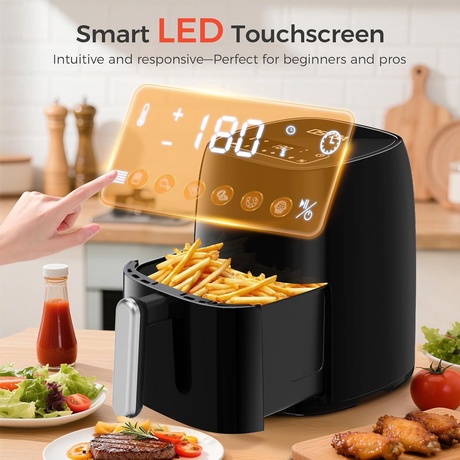 4.5QT Fryer with Tempered Glass LED Touch Screen, 6 Presets One-Touch Cooking